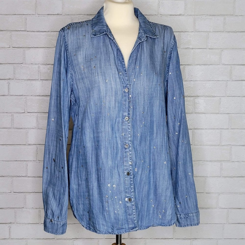 Anthropologie | Cloth & Stone Chambray Denim Silver Paint Splatter Button Down
